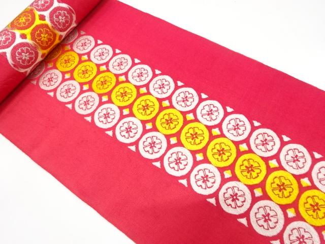 JAPANESE KIMONO / ANTIQUE BOLT FOR HASSUN OBI / WOVEN FLOWER ROUNDEL